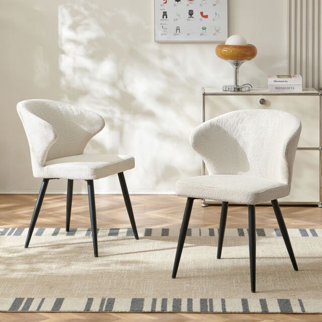 SONARA Set of 2 Boucle Fabric Dining Chairs with Arms & Cross Metal Legs in White - image 1