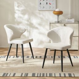SONARA Set of 2 Boucle Fabric Dining Chairs with Arms & Cross Metal Legs in White - thumbnail 1