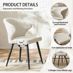 SONARA Set of 2 Boucle Fabric Dining Chairs with Arms & Cross Metal Legs in White - thumbnail 3