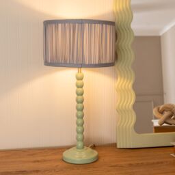 ValueLights Bobbins Sage Green Table Lamp with Ruched Pleated Drum Lamp Shade in Pale Blue - thumbnail 1