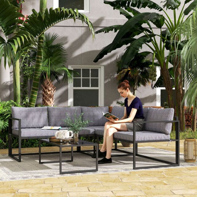OUTSUNNY 3 Piece L Shaped Garden Furniture Set with Cushions, Grey - image 1
