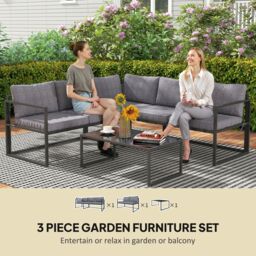 OUTSUNNY 3 Piece L Shaped Garden Furniture Set with Cushions, Grey - thumbnail 4