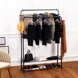 House of Home Double Clothes Rail Freestanding Heavy Duty Rack 2 Shoe Racks Hat & Bag hooks in Black - thumbnail 4
