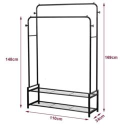 House of Home Double Clothes Rail Freestanding Heavy Duty Rack 2 Shoe Racks Hat & Bag hooks in Black - thumbnail 2