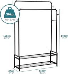 House of Home Double Clothes Rail Freestanding Heavy Duty Rack 2 Shoe Racks Hat & Bag hooks in Black - thumbnail 6