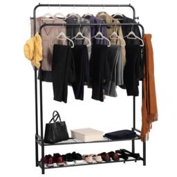 House of Home Double Clothes Rail Freestanding Heavy Duty Rack 2 Shoe Racks Hat & Bag hooks in Black