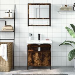 Berkfield Home 2 Piece Bathroom Furniture Set Smoked Oak Engineered Wood in Brown - thumbnail 3