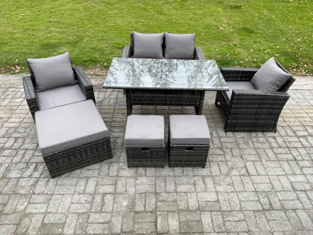 Fimous 7 Seater Outdoor Garden Furniture Set Patio Furniture Rattan Rectangular Dining Table Lounge Sofa in Dark Grey