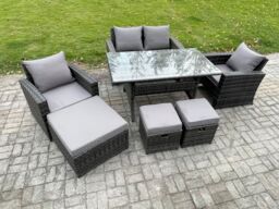 Fimous 7 Seater Outdoor Garden Furniture Set Patio Furniture Rattan Rectangular Dining Table Lounge Sofa in Dark Grey - thumbnail 2