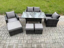Fimous 7 Seater Outdoor Garden Furniture Set Patio Furniture Rattan Rectangular Dining Table Lounge Sofa in Dark Grey - thumbnail 1