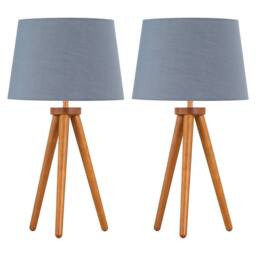 First Choice Lighting Set of 2 Dark Oak Table Lamp or Bedside Lights with Grey Shades in Brown