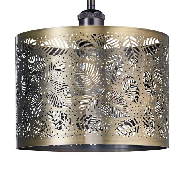 Happy Homewares Contemporary Metal Pendant Light Shade with Fern Leaf Decoration in Metallic Gold - image 1