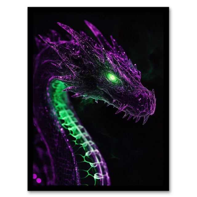 "Artery8 Dragon Head Neon Purple Green Fantasy Concept Art Framed Art Print - Size: W12"" x H16""" - image 1
