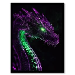 "Artery8 Dragon Head Neon Purple Green Fantasy Concept Art Framed Art Print - Size: W12"" x H16""" - thumbnail 1