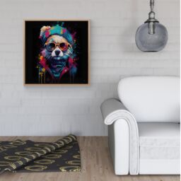 Warren Reed - Designer Multi Coloured Splashart Dog With Glasses Framed Canvas in Light Brown - Size: w40 inch x h40 inch - thumbnail 2