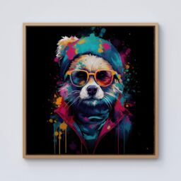 Warren Reed - Designer Multi Coloured Splashart Dog With Glasses Framed Canvas in Light Brown - Size: w40 inch x h40 inch - thumbnail 1