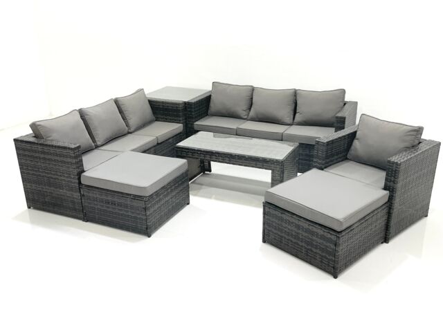 Fimous 9 Seater Rattan Garden Outdoor Furniture Set with 3 Seater Sofa Coffee Table 2 Big Footstool Side table in Dark Grey - image 1