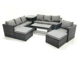 Fimous 9 Seater Rattan Garden Outdoor Furniture Set with 3 Seater Sofa Coffee Table 2 Big Footstool Side table in Dark Grey - thumbnail 1