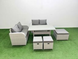 Fimous 7 Seater Outdoor Love Sofa Set Rattan Garden Furniture Set with Rectangular Dining Table 3 Footstool Light Grey - thumbnail 2