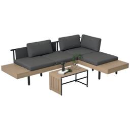 OUTSUNNY 3-Piece L Shape Garden Sofa Set with HDPE Table, Cushions in Grey - thumbnail 2