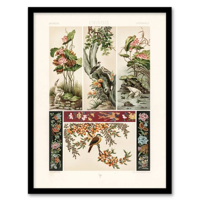 "Artery8 Chinese Patterns of Birds & Flowers Racinet Framed Wall Art Print in White - Size: W12"" x H16""" - image 1