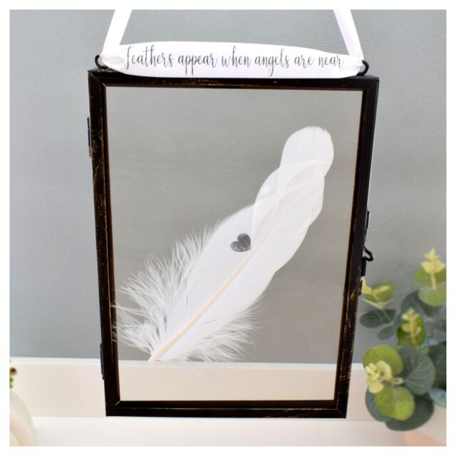 Amaya Rose Ltd Heart Stamp In Memory of. Real feather Floating Picture Frame Memorial in Black