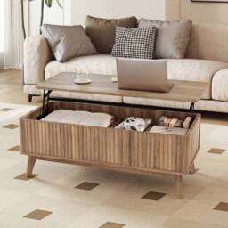 Costway Fluted Lift Top Coffee Table 110CM Rectangle Wooden Center Table in Light Brown - thumbnail 5