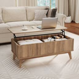 Costway Fluted Lift Top Coffee Table 110CM Rectangle Wooden Center Table in Light Brown - thumbnail 7