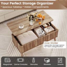 Costway Fluted Lift Top Coffee Table 110CM Rectangle Wooden Center Table in Light Brown - thumbnail 9