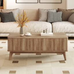 Costway Fluted Lift Top Coffee Table 110CM Rectangle Wooden Center Table in Light Brown - thumbnail 4