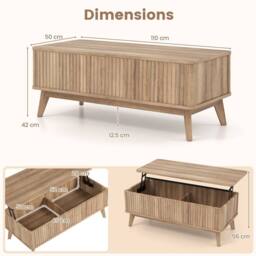 Costway Fluted Lift Top Coffee Table 110CM Rectangle Wooden Center Table in Light Brown - thumbnail 2