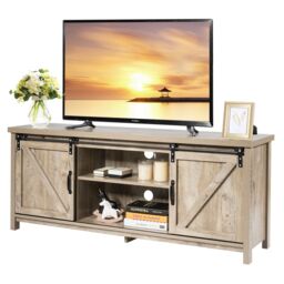"Costway Modern TV Cabinet for 60"" Wooden Media Storage Shelves Stand W/ Cabinets in Grey" - thumbnail 5