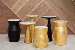 Orsina Drum-Shaped Side Table, Golden Small Table, Decorative Hourglass Shaped Nesting Table, White Marble Slab Table in Gold - thumbnail 4