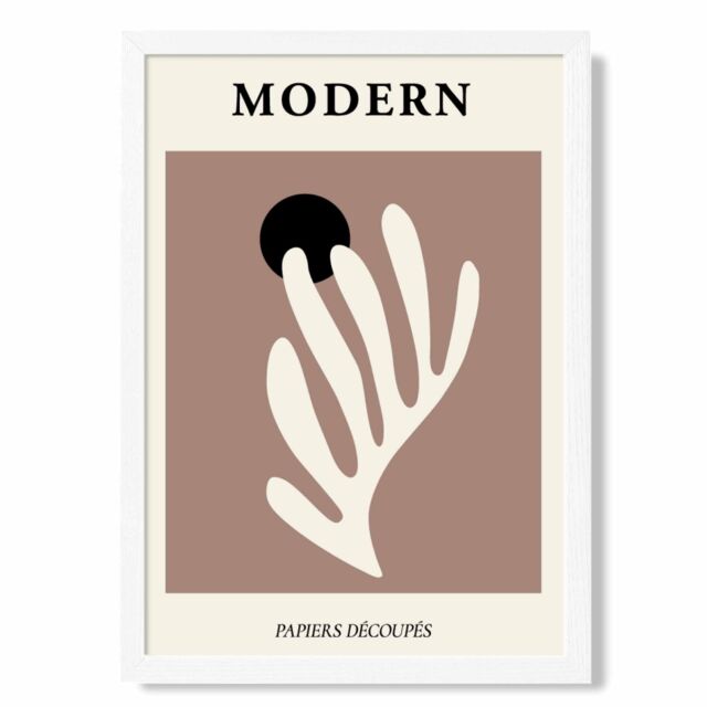 ARTZE Matisse Floral Cutout Cream & Brown Mid Century Framed Print SIZE: A3 with White Frame - Size: A2 - image 1