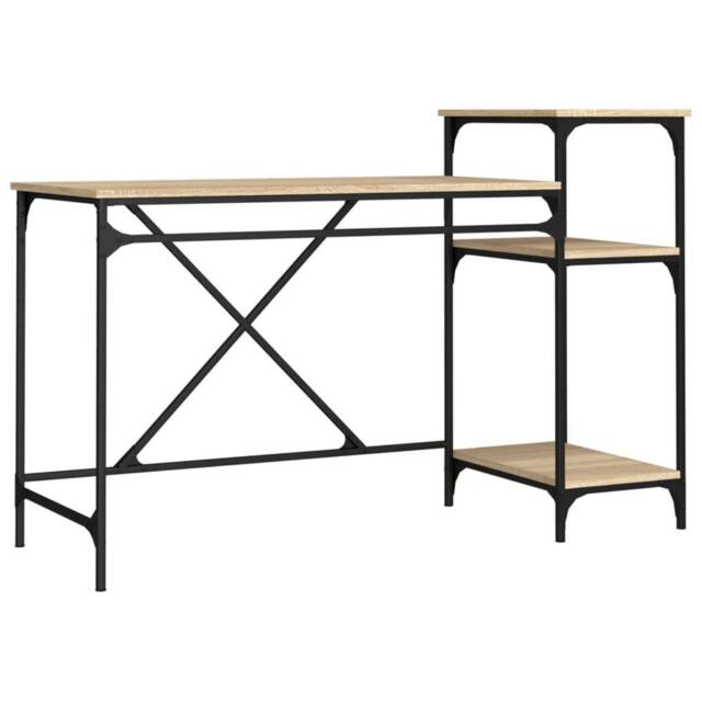 Berkfield Home Desk with Shelves Sonoma Oak 135x50x90 cm Engineered Wood&Iron in Light Oak - Size: 135 x 50 x 90 cm - image 1