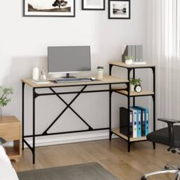 Berkfield Home Desk with Shelves Sonoma Oak 135x50x90 cm Engineered Wood&Iron in Light Oak - Size: 135 x 50 x 90 cm - thumbnail 3