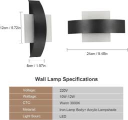 Goeco LED Wall Light 12W Modern Acrylic Wall Lamp 3000k For Hallway Stairs in Black - thumbnail 5