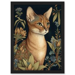Artery8 Abyssinian Cat with Flowers Art Nouveau Modern Watercolour Illustration Artwork Framed Wall Art Print A4 in Black - thumbnail 1