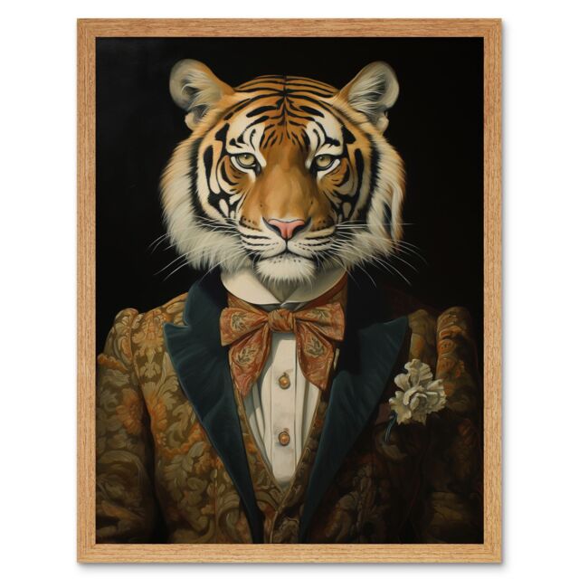Artery8 Wall Art Print Victorian Tiger in William Morris Style Pattern Dinner Jacket Conceptual Portrait Artwork Elegant Floral Pattern Bow Tie & - image 1