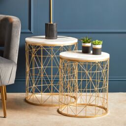 Orsina Set Of 2 Marble Top Round Side Tables, White Marble Side Tables With Gold Iron Geometric Base, Nesting Tables