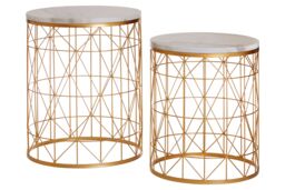 Orsina Set Of 2 Marble Top Round Side Tables, White Marble Side Tables With Gold Iron Geometric Base, Nesting Tables - thumbnail 2