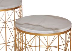 Orsina Set Of 2 Marble Top Round Side Tables, White Marble Side Tables With Gold Iron Geometric Base, Nesting Tables - thumbnail 3