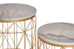 Orsina Set Of 2 Marble Top Round Side Tables, White Marble Side Tables With Gold Iron Geometric Base, Nesting Tables - thumbnail 4