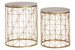 Orsina Set Of 2 Marble Top Round Side Tables, White Marble Side Tables With Gold Iron Geometric Base, Nesting Tables - thumbnail 5