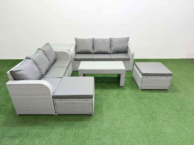 Fimous Outdoor Garden Furniture Sets 8 Seater Wicker Rattan Furniture Sofa Sets w/ Oblong Coffee Table high Back Lounge Sofa 2 Big Footstool Side - image 1