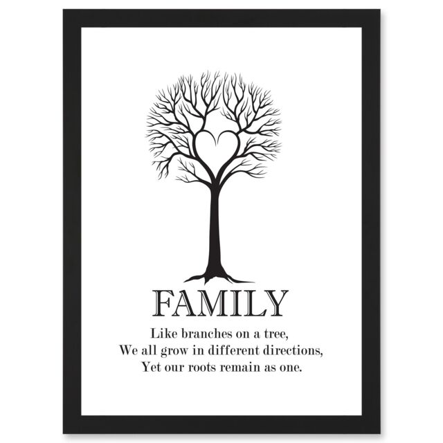 Artery8 Family Roots Quote Motivation Typography B&W Heart Tree A4 Artwork Framed Wall Art Print in Black - image 1