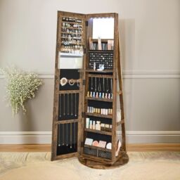 FURNOS Free Standing Mirror Jewellery Cabinet 360 Swivel Organiser in Brown - thumbnail 2