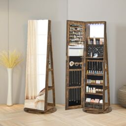 FURNOS Free Standing Mirror Jewellery Cabinet 360 Swivel Organiser in Brown - thumbnail 1
