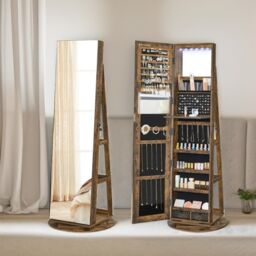 FURNOS Free Standing Mirror Jewellery Cabinet 360 Swivel Organiser in Brown - thumbnail 4