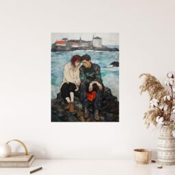 Wee Blue Coo Wall Art Print The Heart To Heart Egon Schiele Style Couple Sitting in Coastal Landscape Blue Grey Red Oil Painting Poster - thumbnail 4